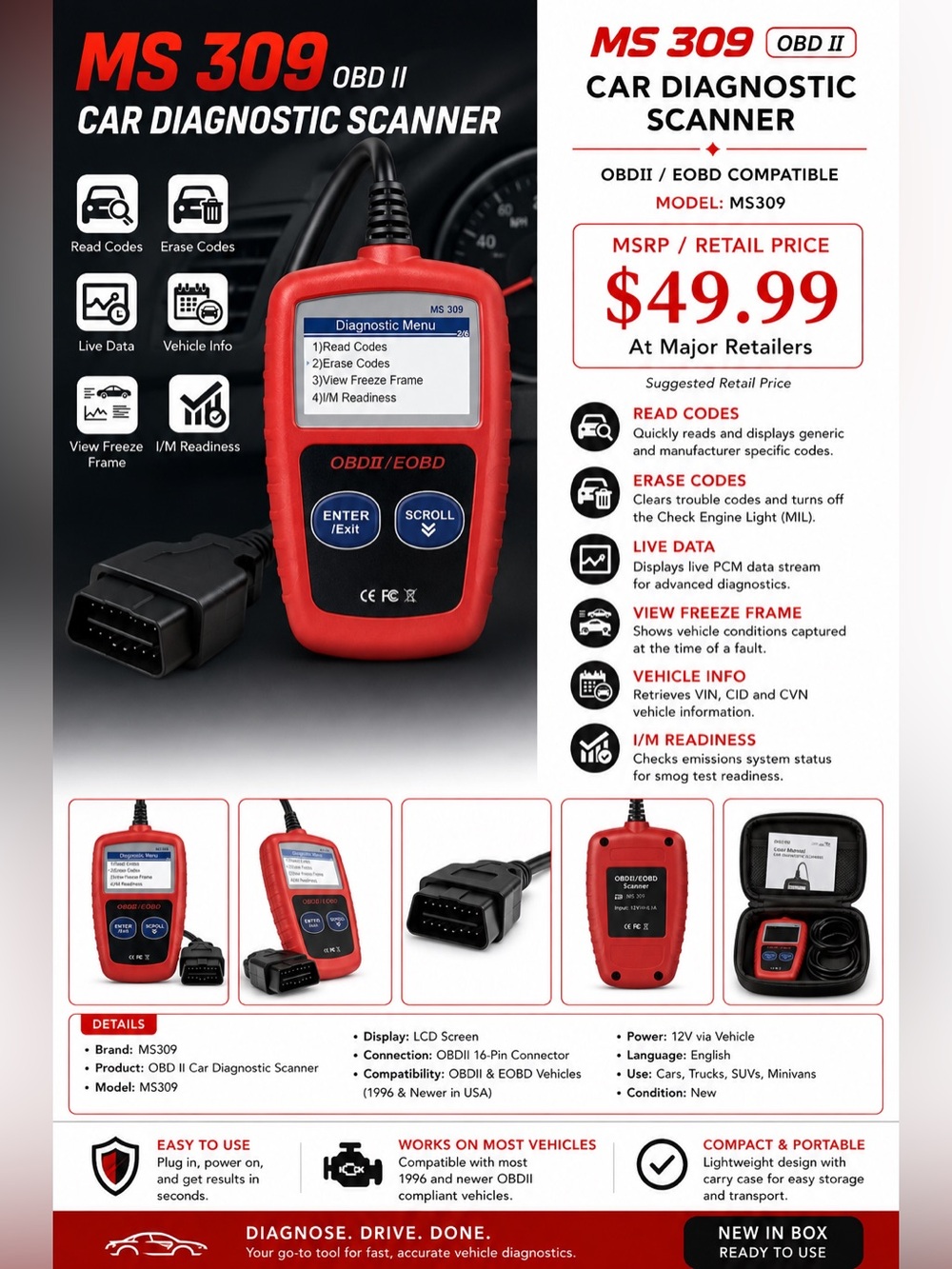 OBDII/EOBD Car Diagnostic Scanner - Red
